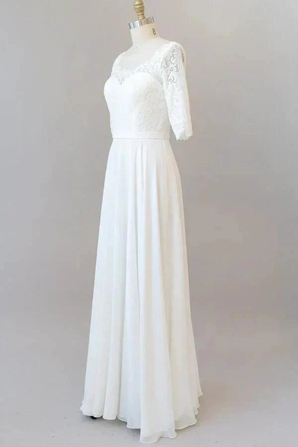 Graceful Long A-line Lace Chiffon Wedding Dress with Sleeves - Image 3