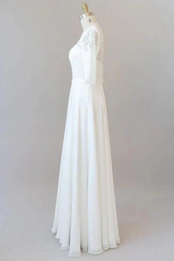 Graceful Long A-line Lace Chiffon Wedding Dress with Sleeves - Image 4