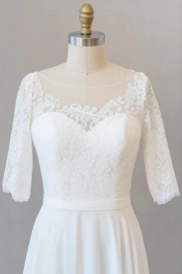 Graceful Long A-line Lace Chiffon Wedding Dress with Sleeves - Image 6
