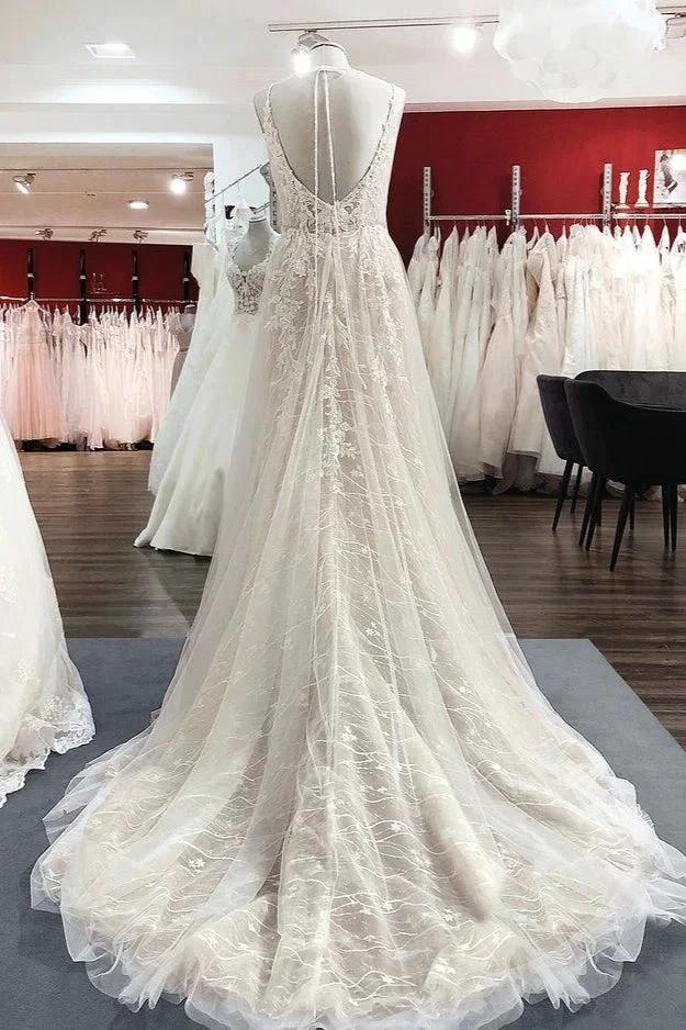 Graceful Long A-line Tulle V-neck Lace Backless Wedding Dresses - Image 2