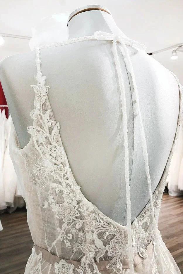 Graceful Long A-line Tulle V-neck Lace Backless Wedding Dresses - Image 5