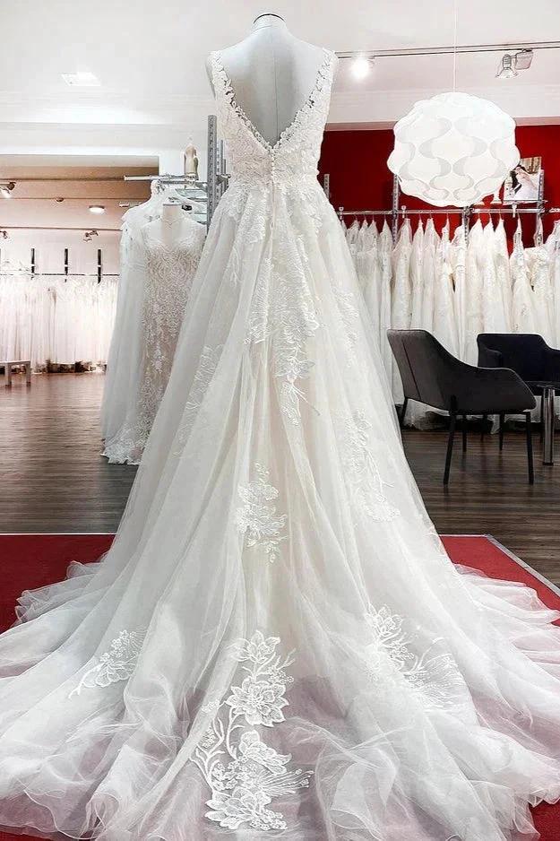 Graceful Long A-line Tulle V Neck Lace Open Back Wedding Dresses - Image 2