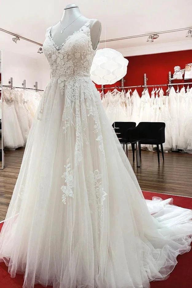 Graceful Long A-line Tulle V Neck Lace Open Back Wedding Dresses - Image 3