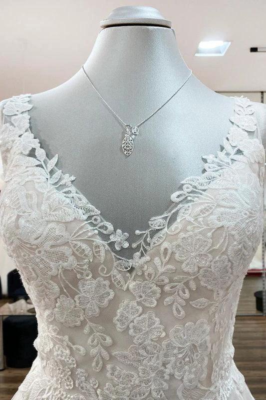 Graceful Long A-line Tulle V Neck Lace Open Back Wedding Dresses - Image 4