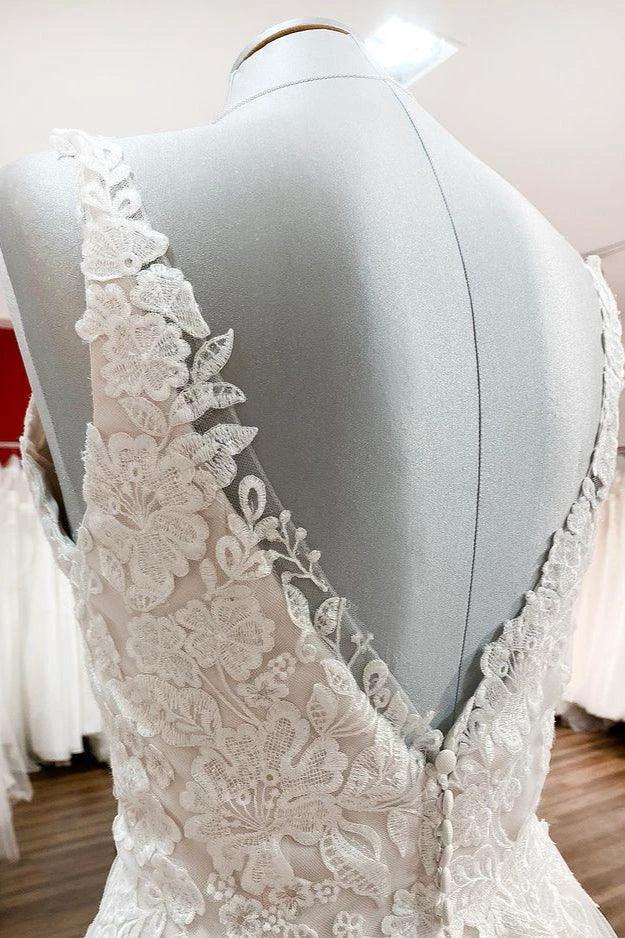 Graceful Long A-line Tulle V Neck Lace Open Back Wedding Dresses - Image 6