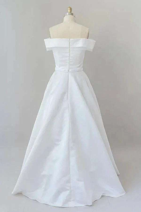 Graceful Long Ball Gown Off Shoulder Satin Wedding Dress - Image 2