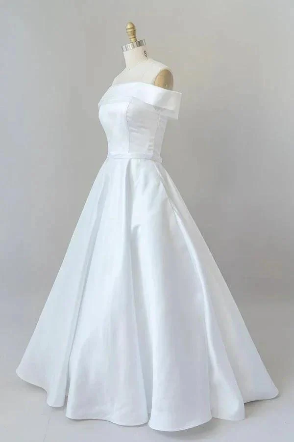 Graceful Long Ball Gown Off Shoulder Satin Wedding Dress - Image 3