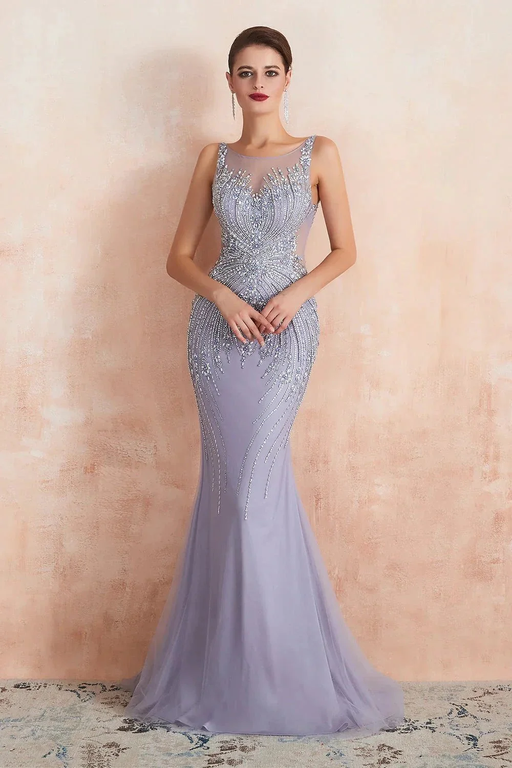 Graceful Long Jewel Tulle Mermaid Evening Dress - Image 7