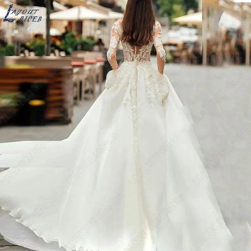 Graceful Wedding Dresses Bobo Illusion Long Sleeves Women Appliqued Lace Bridal Gowns Sexy Tulle - Image 2