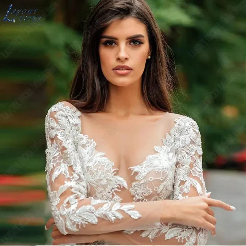 Graceful Wedding Dresses Bobo Illusion Long Sleeves Women Appliqued Lace Bridal Gowns Sexy Tulle - Image 3