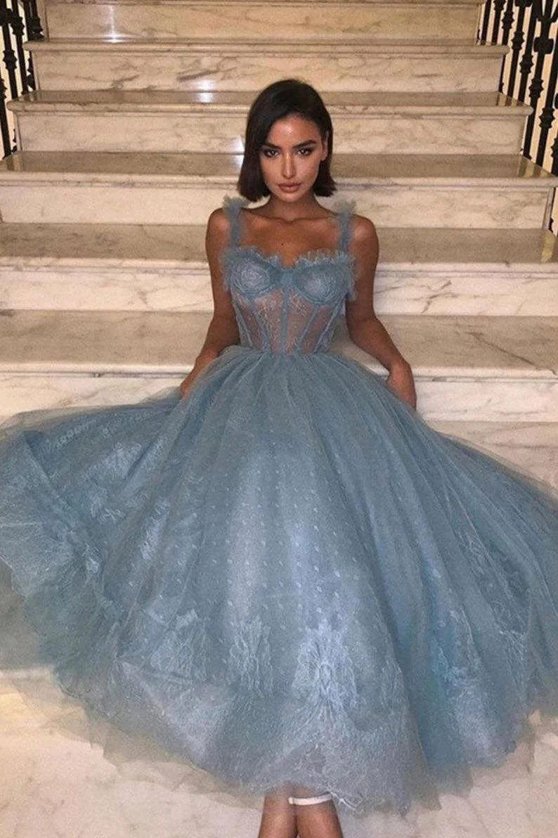 Gray Blue Tulle Lace Tea Length Prom Dress Tulle Lace Homecoming Dress PD444 - Image 2