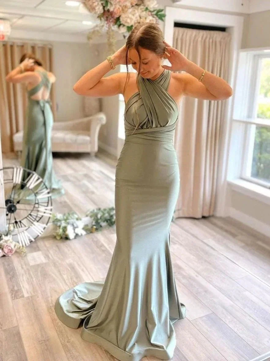 Gray Green Satin Mermaid Bridesmaid Dresses With Sweep Train  BD089 - Image 2
