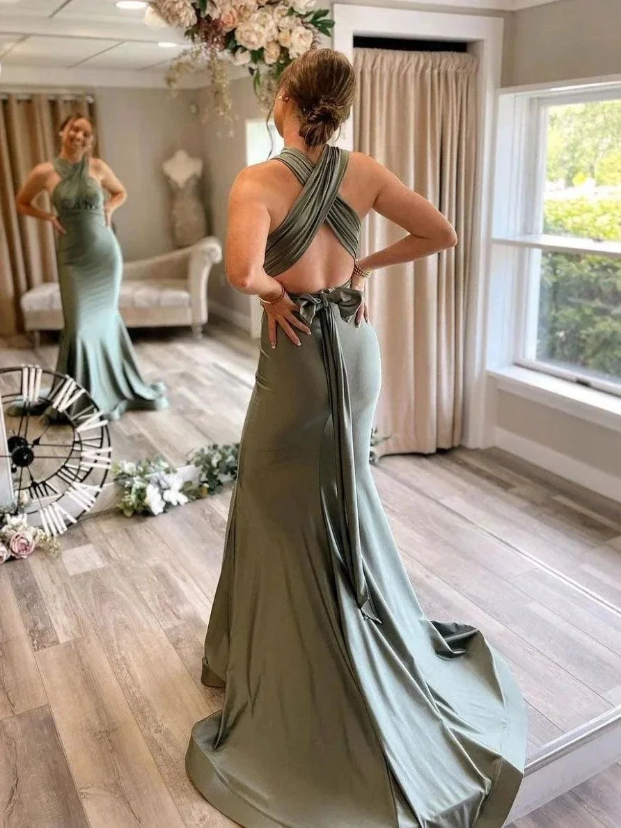Gray Green Satin Mermaid Bridesmaid Dresses With Sweep Train  BD089 - Image 3