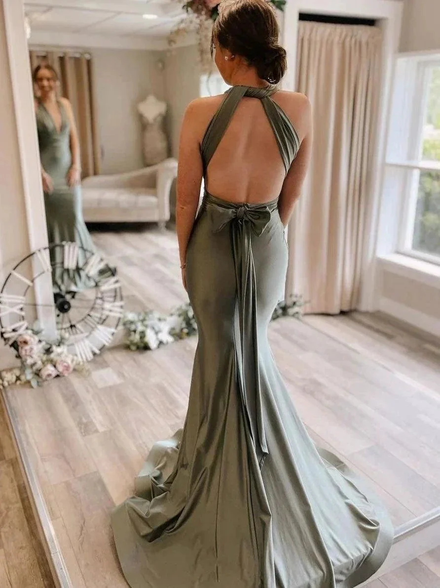 Gray Green Satin Mermaid Bridesmaid Dresses With Sweep Train  BD089 - Image 4