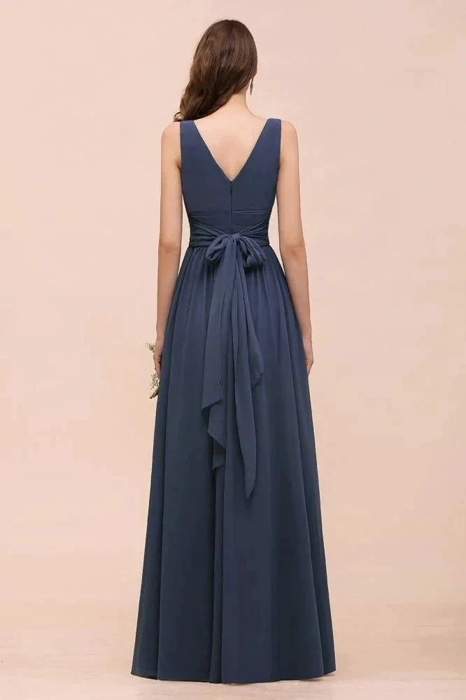 Gray Side Split Bridesmaid Dress V-Neck Sleeveless Floor Length dress for Bride - Image 2