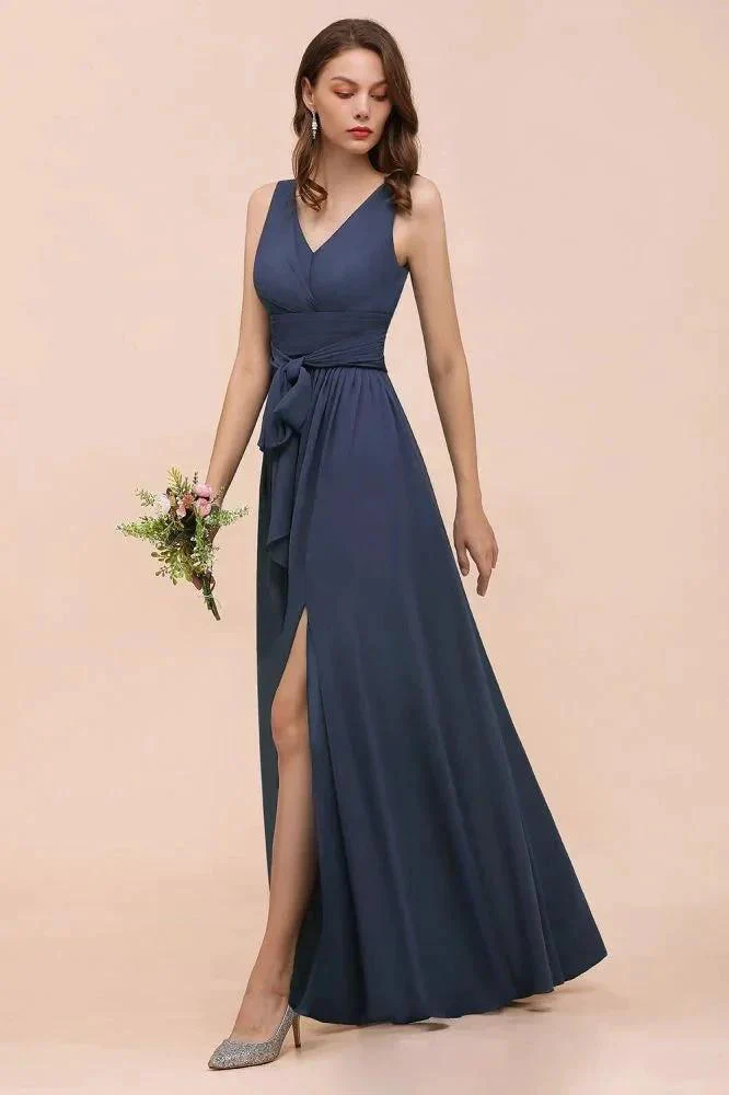 Gray Side Split Bridesmaid Dress V-Neck Sleeveless Floor Length dress for Bride - Image 3