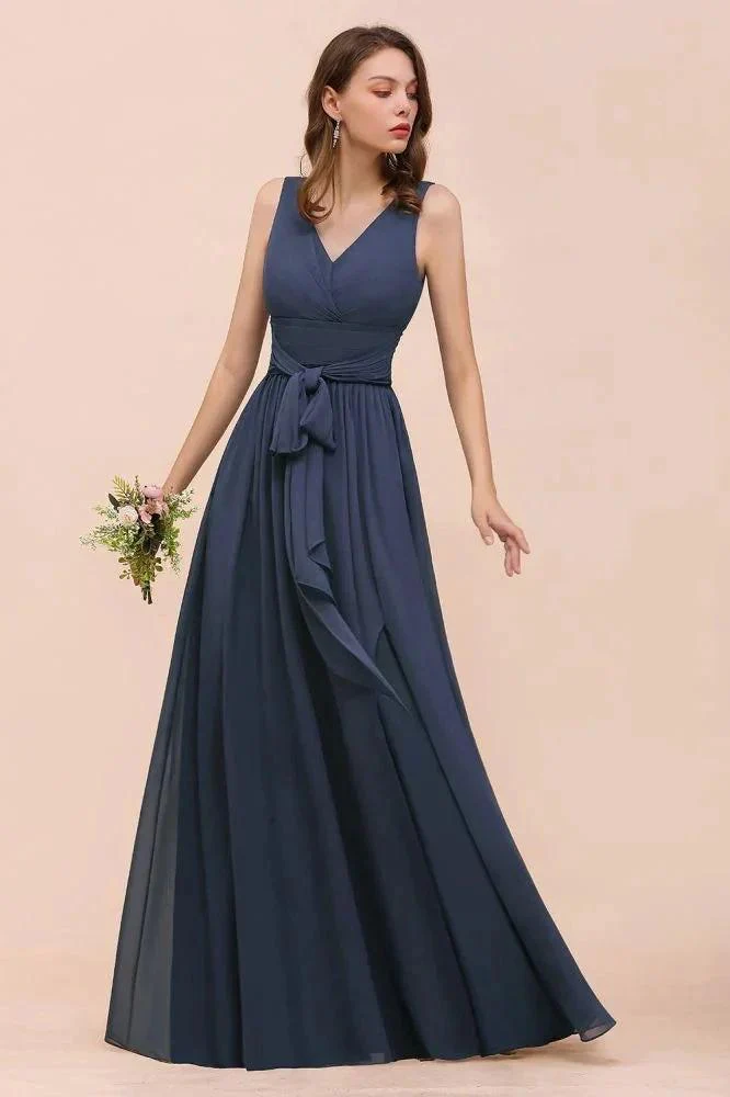Gray Side Split Bridesmaid Dress V-Neck Sleeveless Floor Length dress for Bride - Image 4