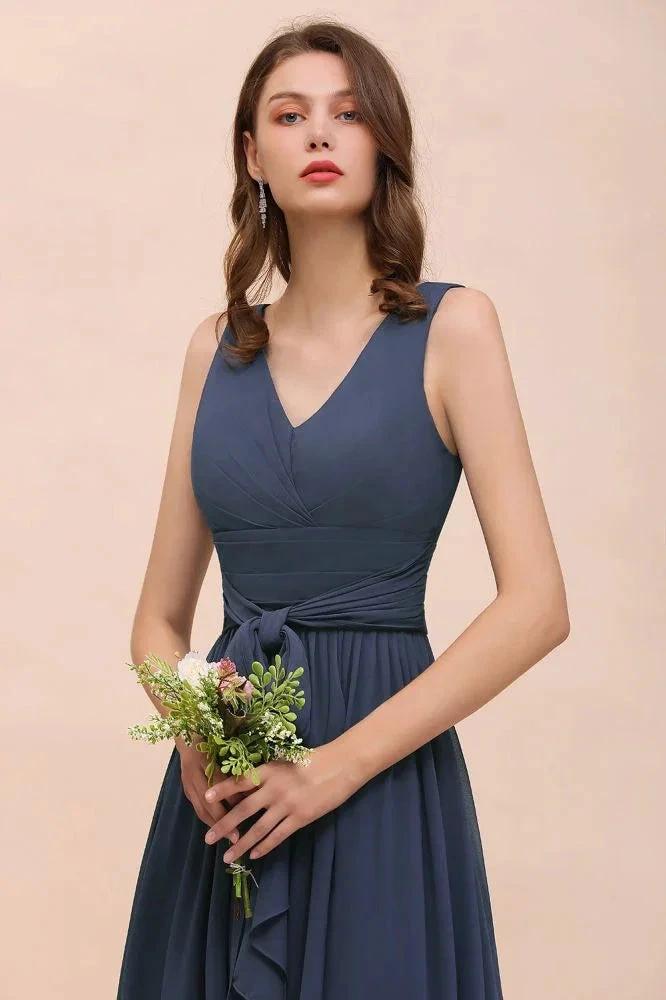 Gray Side Split Bridesmaid Dress V-Neck Sleeveless Floor Length dress for Bride - Image 5