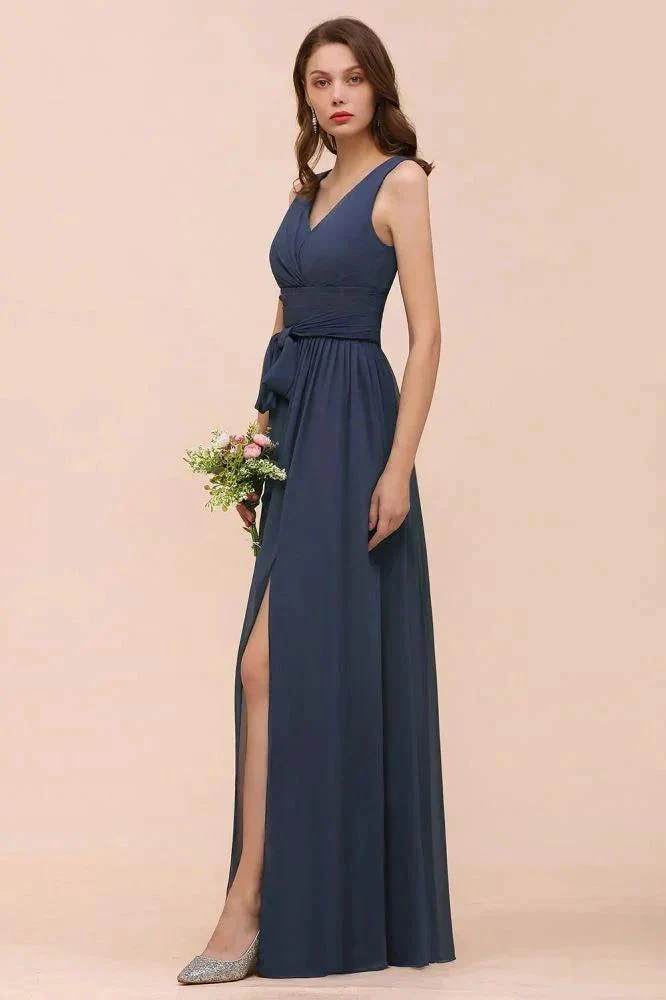 Gray Side Split Bridesmaid Dress V-Neck Sleeveless Floor Length dress for Bride - Image 8