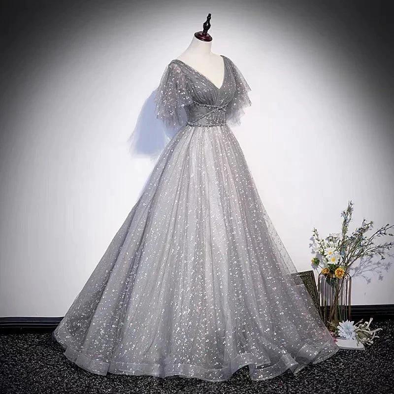 Gray tulle sequins long prom dress A line evening gown s65 - Image 2