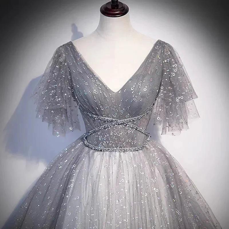 Gray tulle sequins long prom dress A line evening gown s65 - Image 3