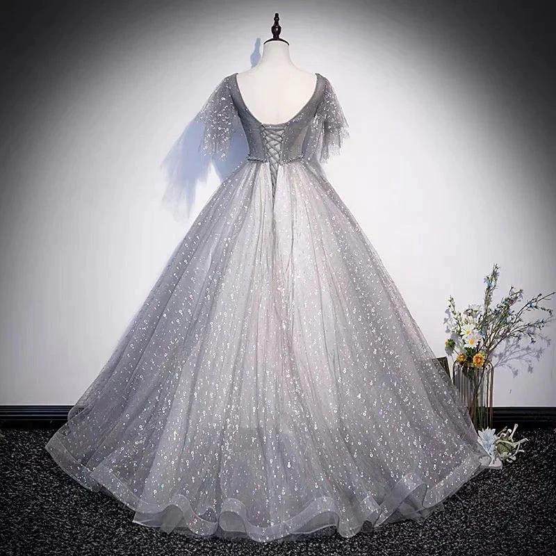 Gray tulle sequins long prom dress A line evening gown s65 - Image 4