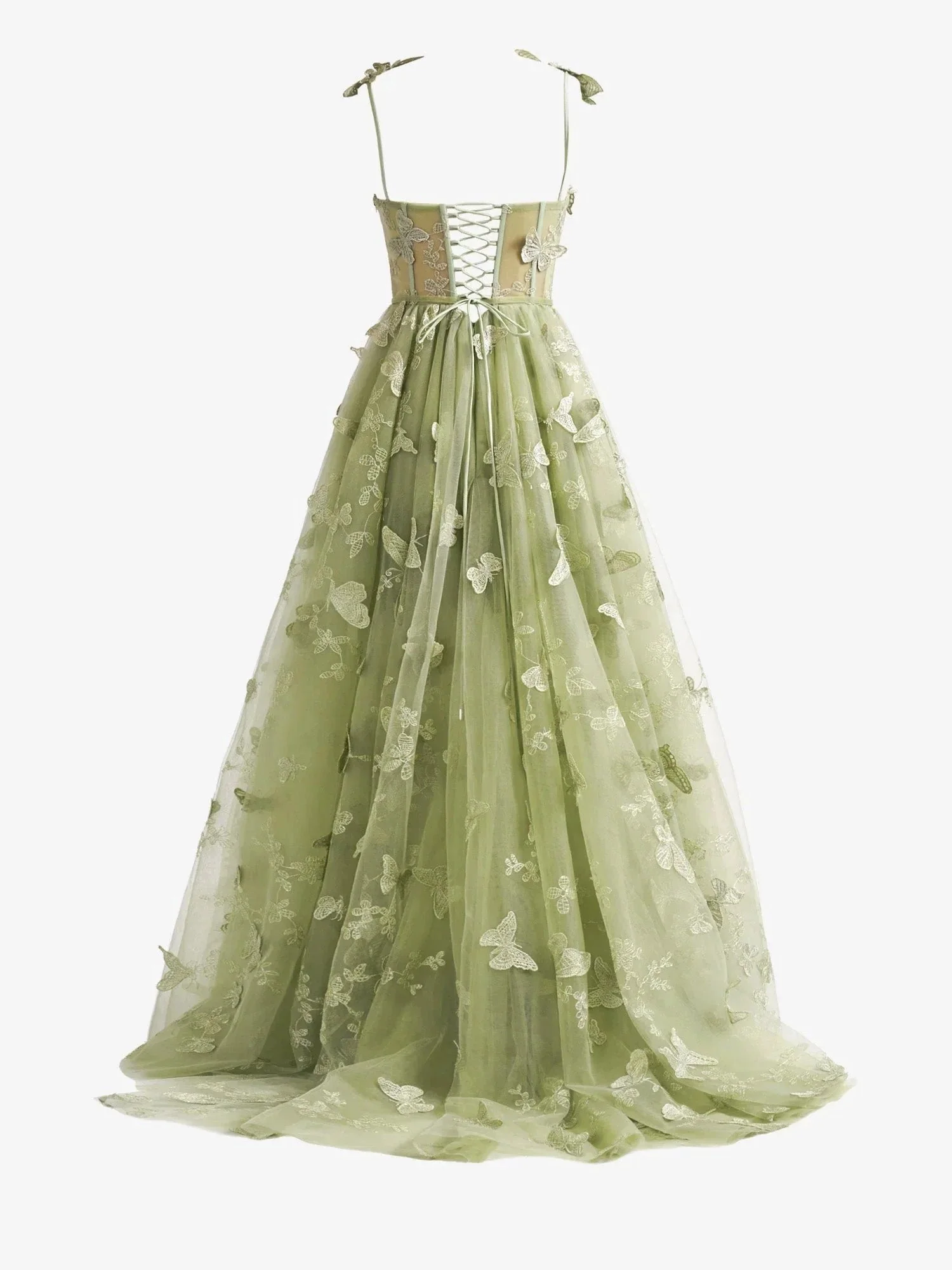 Green A-line Butterfly Lace Lilac Corset Prom Dress with Slit - Image 2
