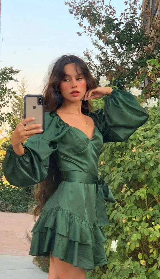 Green A-line Long Sleeves Homecoming Dress Green Casual Dress Y4070 - Image 2