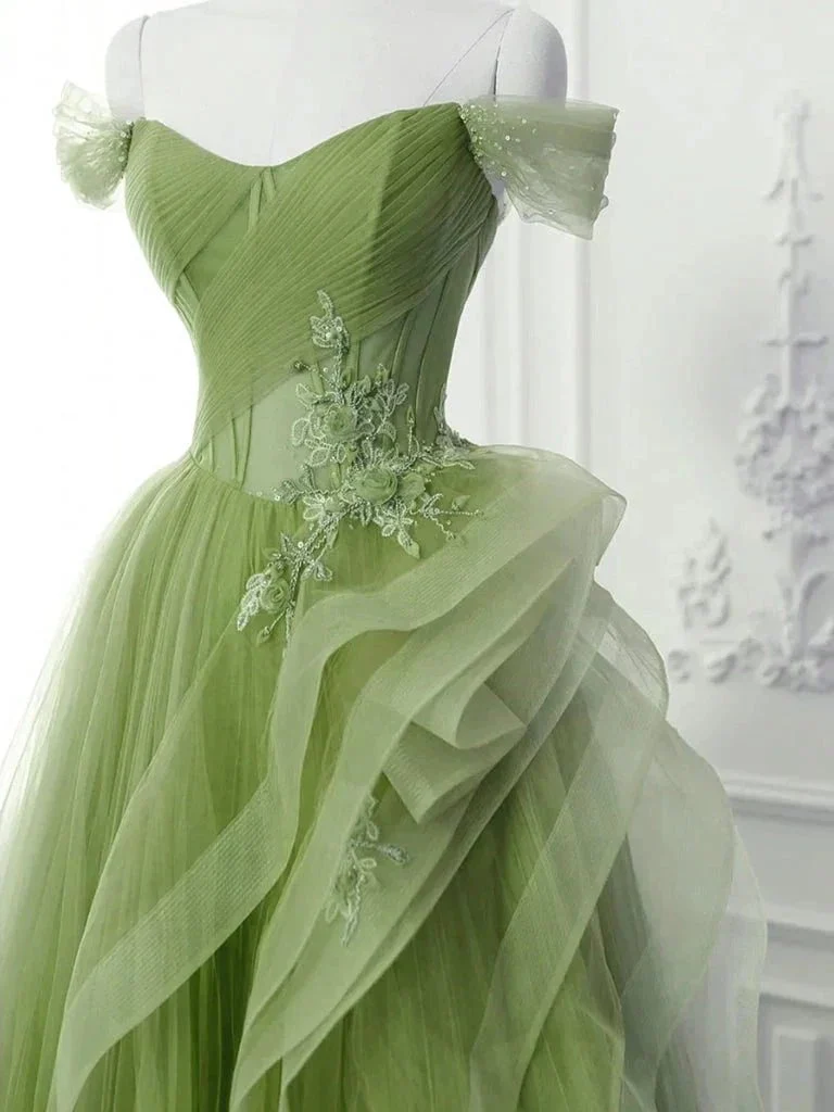Saflor | Green A-Line Off Shoulder Long Prom Dress Lace Long Evening Dress - Image 4