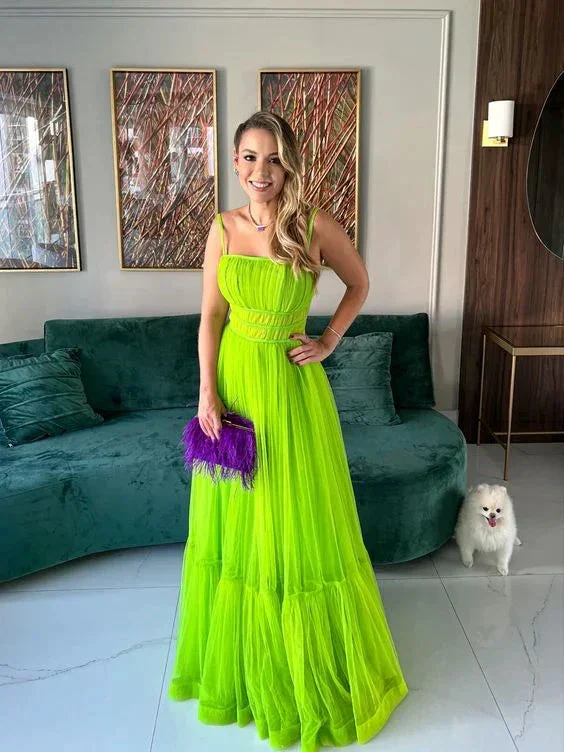 Green A-line Spaghetti Straps Tulle Prom Dress,Green Evening Dress  Y5595 - Image 2