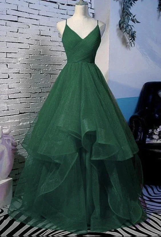 Green A-Line V-Neck Glitter Pleated Long Tulle Prom Dress/Evening Dress Y6440 - Image 2