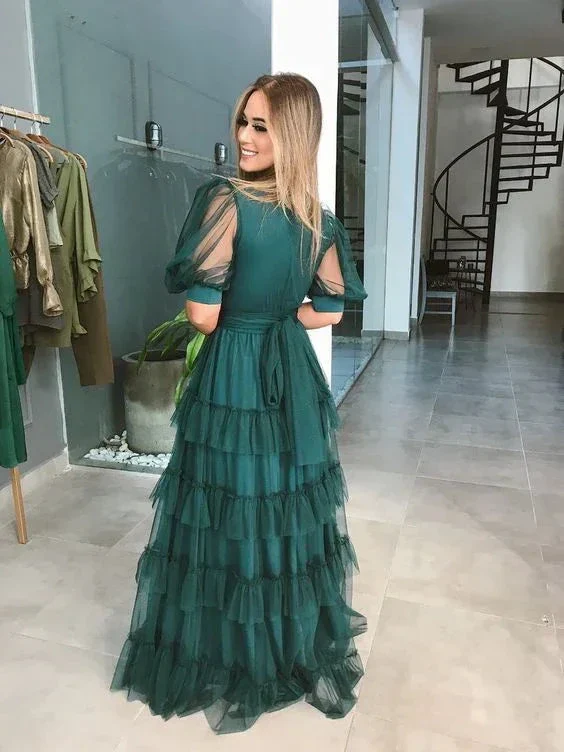 Green A-line V Neck Tulle Multi-layered Prom Dress Green Evening Dress Y6218 - Image 2