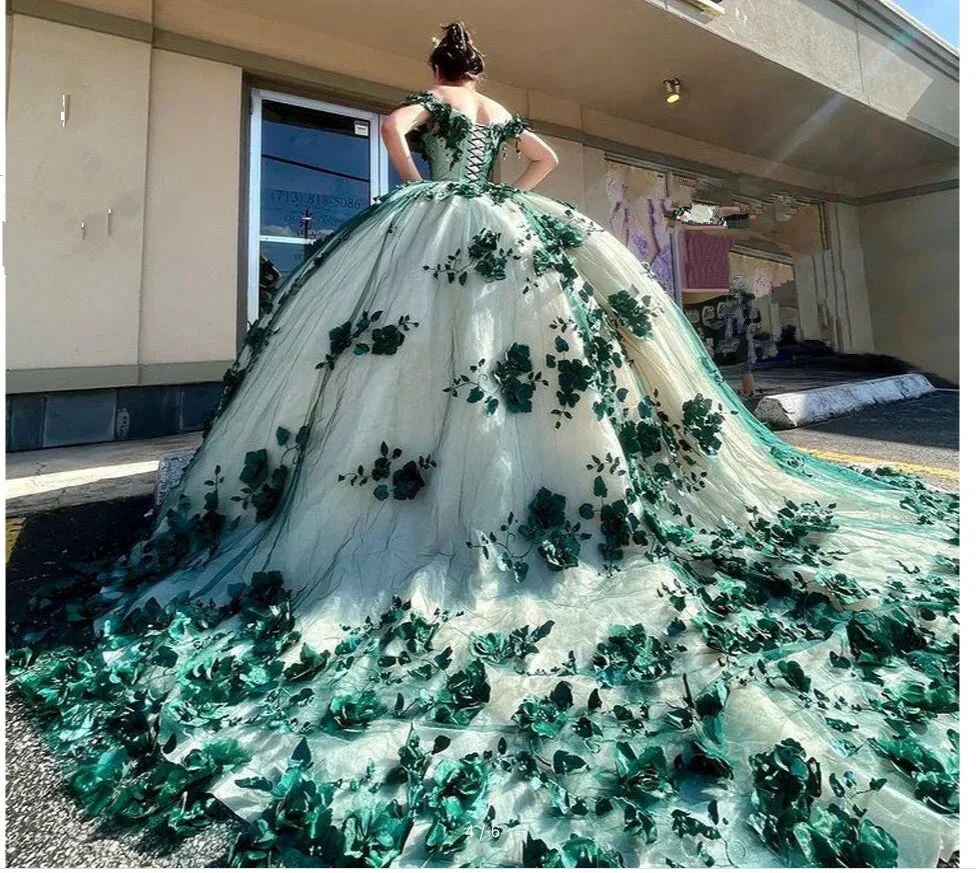 Green Ball Gown Quinceanera Dresses Off Shoulder 3d Flowers Beads Applique Sweet 15 16 Party Prom Dress Y292 - Image 2