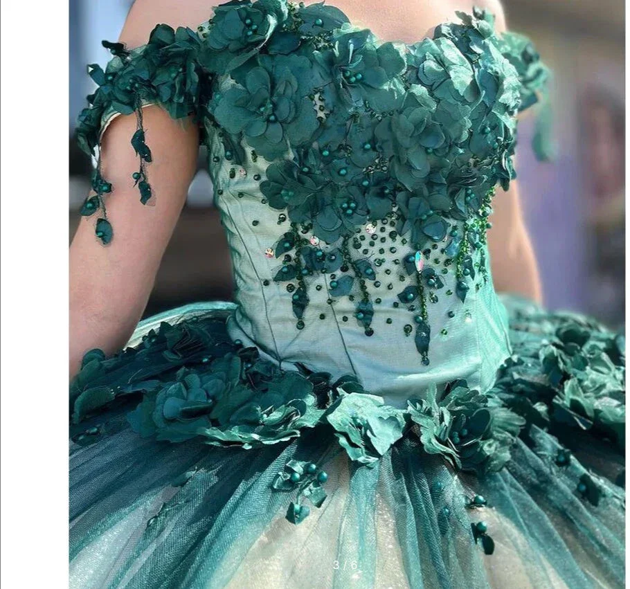 Green Ball Gown Quinceanera Dresses Off Shoulder 3d Flowers Beads Applique Sweet 15 16 Party Prom Dress Y292 - Image 3