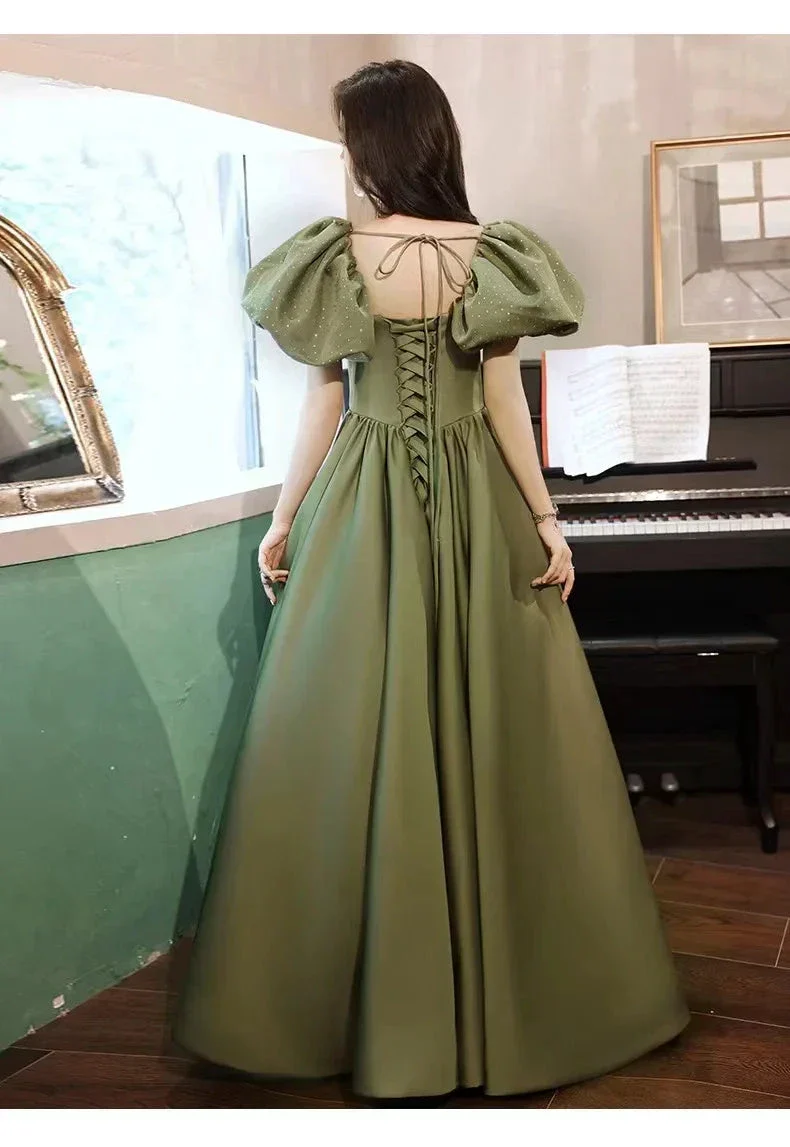 Green Evening Dress Temperament Long Bubble Sleeve Princess Dress Y4315 - Image 3