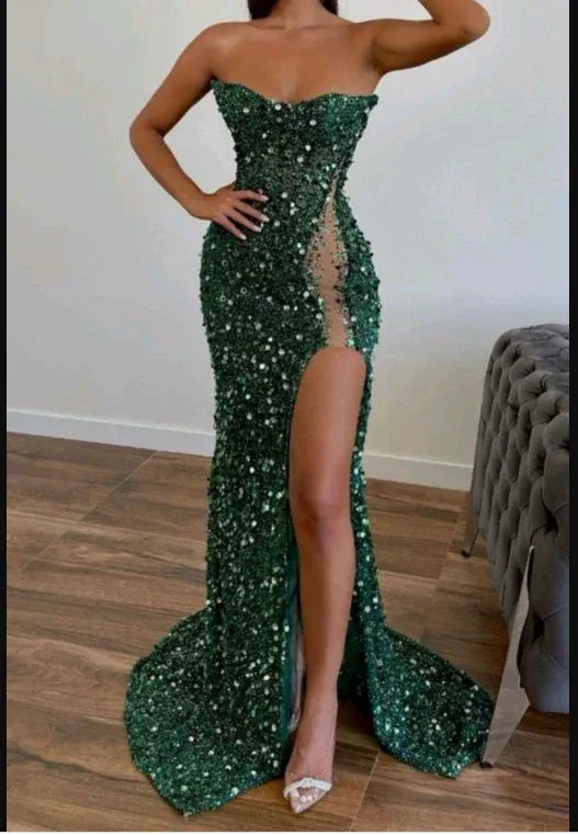 Green Evening Dresses Long Luxury Glitter Sleeveless Mermaid Evening Gowns Sexy Side Slit Prom Dress Y1899 - Image 2