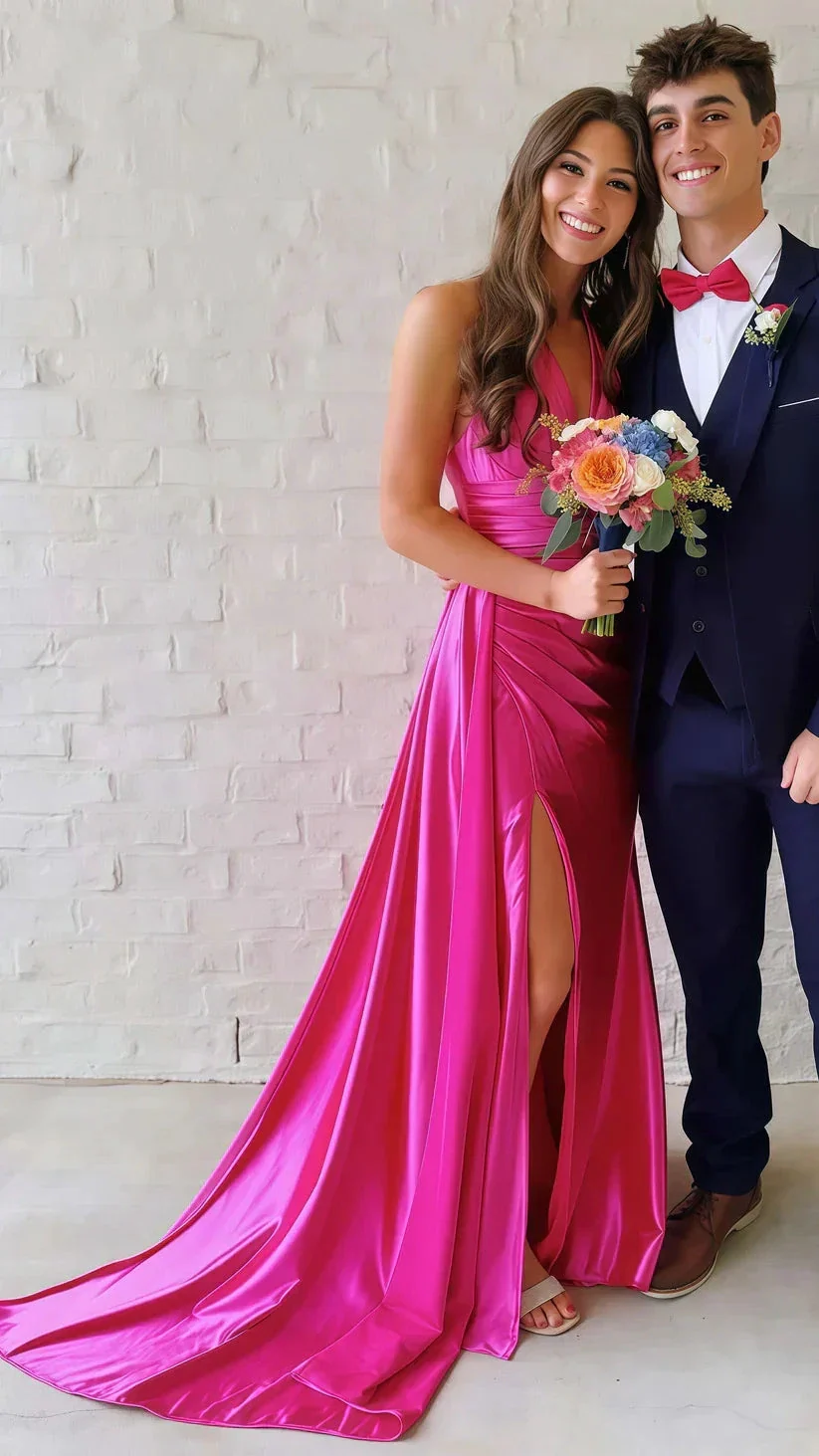 Green Halter V-Neck Ruched Bodycon Prom Dress,Long Slit Evening Gown Y8022 - Image 5