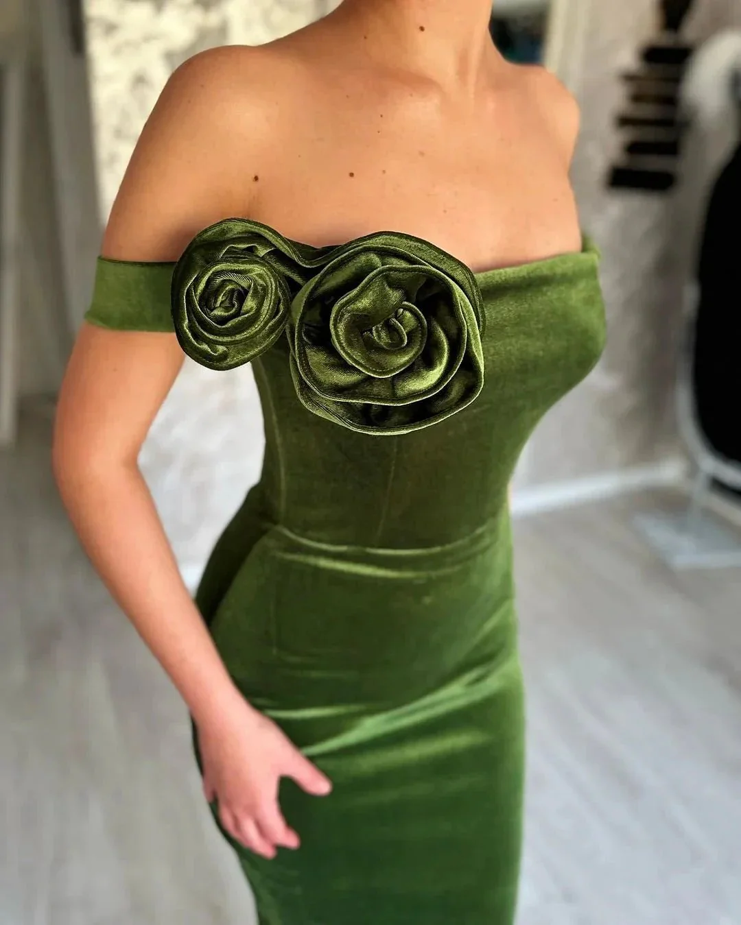 Green Mermaid Off the Shoulder Flowers Stain Prom Dress with Ruffles - Image 2