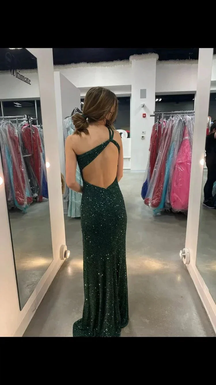 Green Mermaid One Shoulder Long Evening Dress ,Backless Evening Gown Y1395 - Image 2