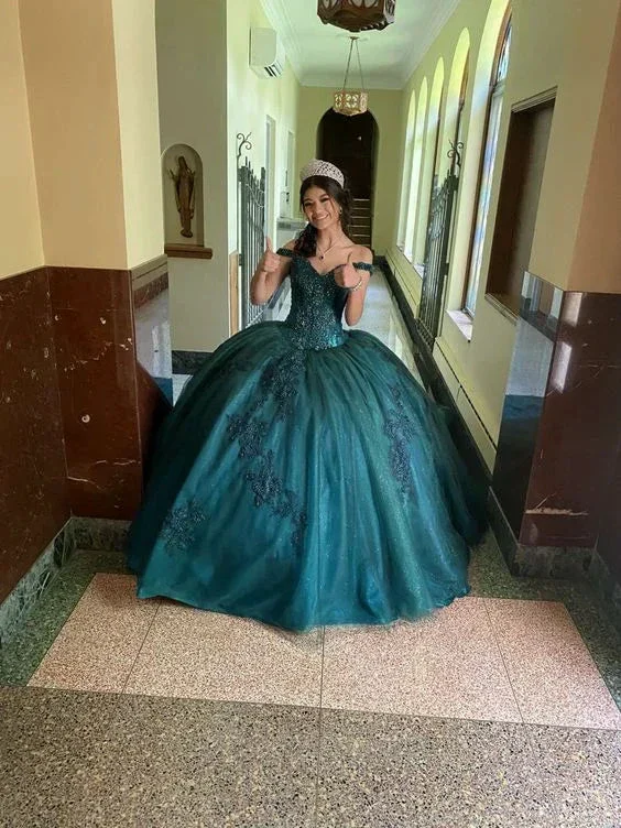 Green Off The Shoulder Ball Gown Quinceanera Dress Y6085 - Image 3