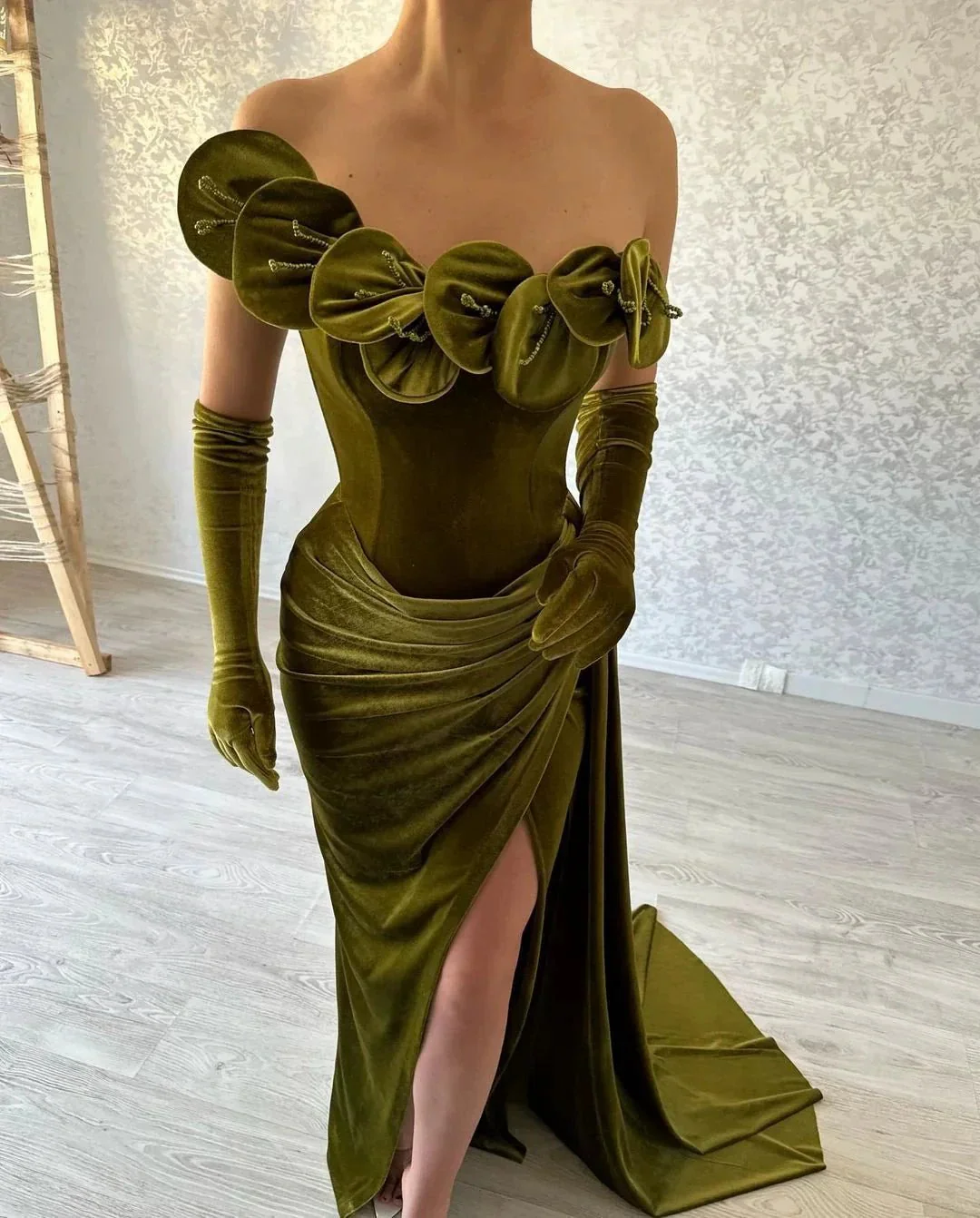 Green One Shoulder Strapless Ruffles Prom Dress with Split - Image 2
