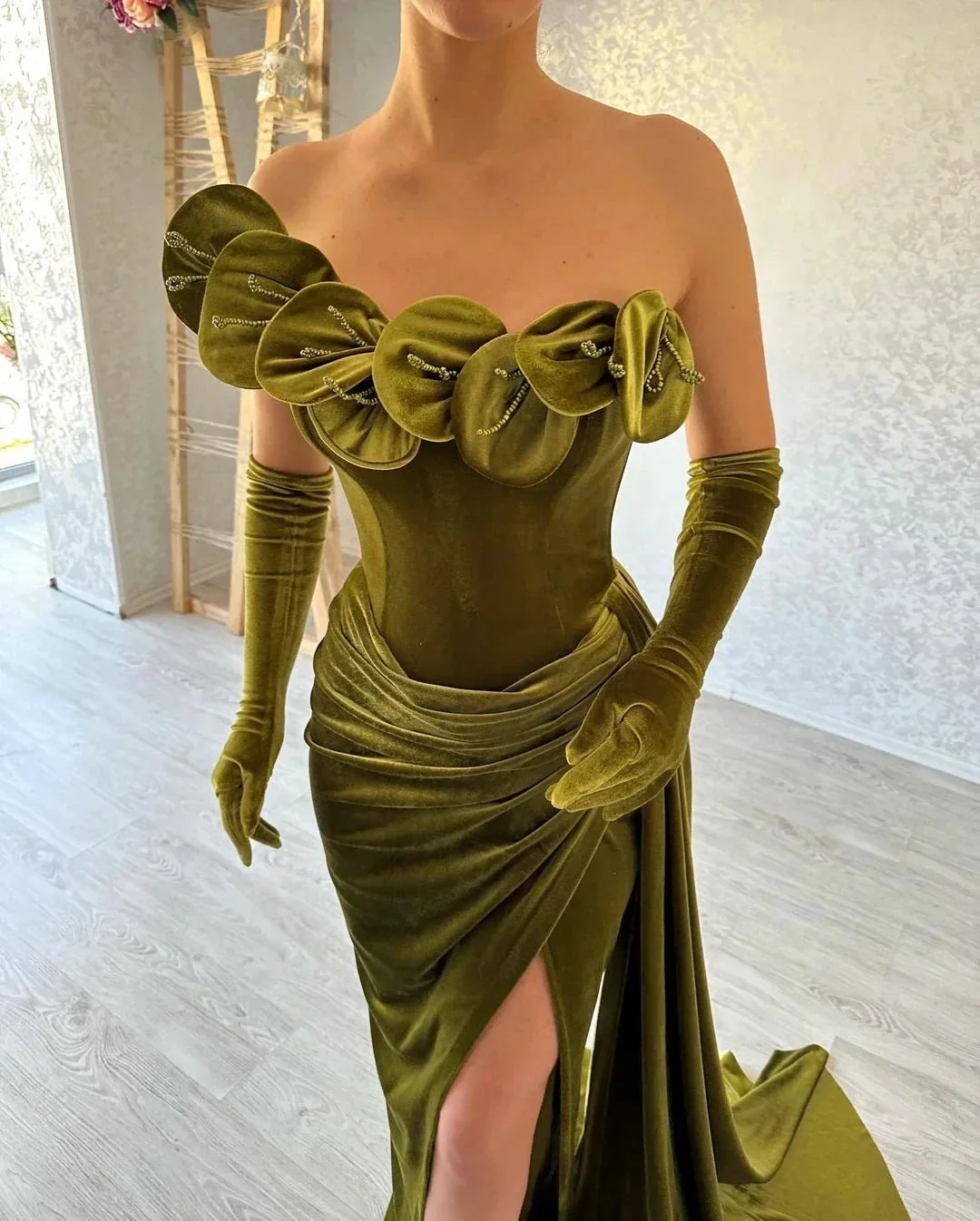 Green One Shoulder Strapless Ruffles Prom Dress with Split - Image 4