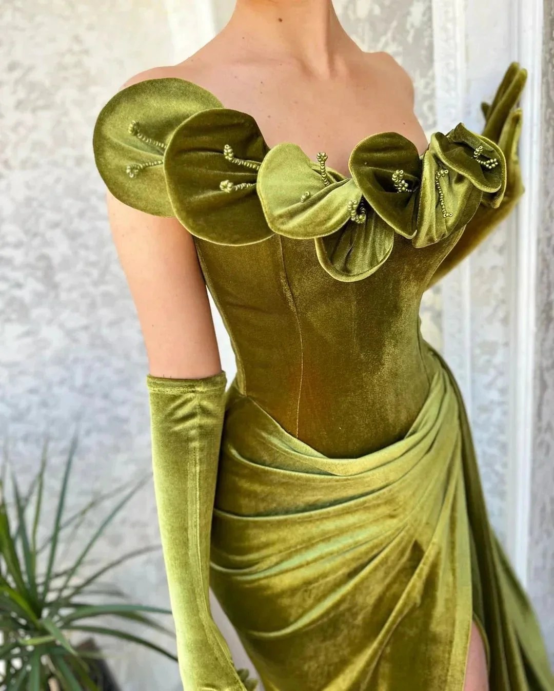 Green One Shoulder Strapless Ruffles Prom Dress with Split - Image 5