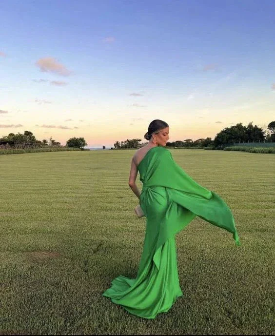 Green One Sleeve Evening Dress With Split,Gala Dress  Y5584 - Image 2