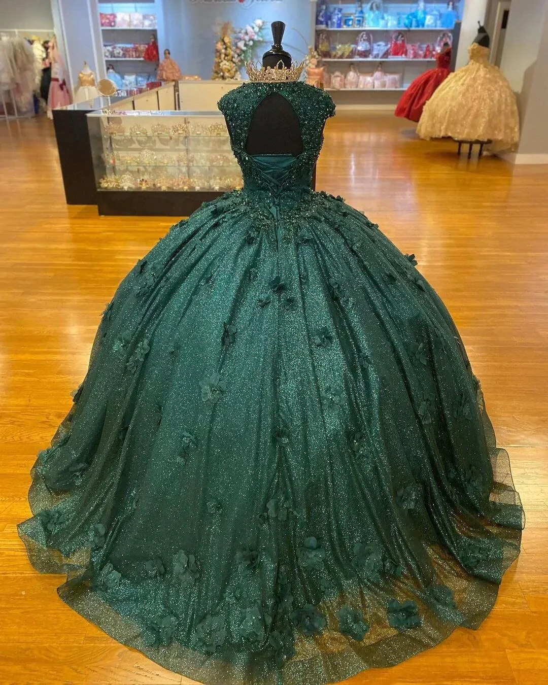 Green Princess Ball Gown Quinceanera Dresses Sweet 15 Party 3D Flowers Lace Applique Crystal Beads Sequin Birthday Gowns Y606 - Image 2