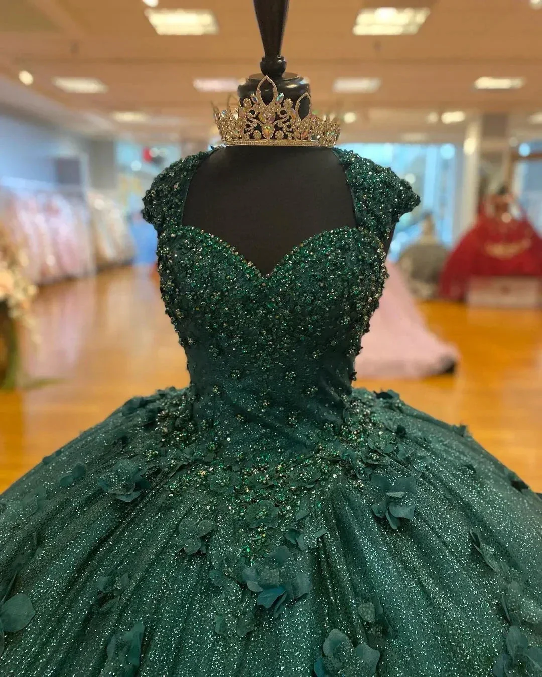 Green Princess Ball Gown Quinceanera Dresses Sweet 15 Party 3D Flowers Lace Applique Crystal Beads Sequin Birthday Gowns Y606 - Image 3