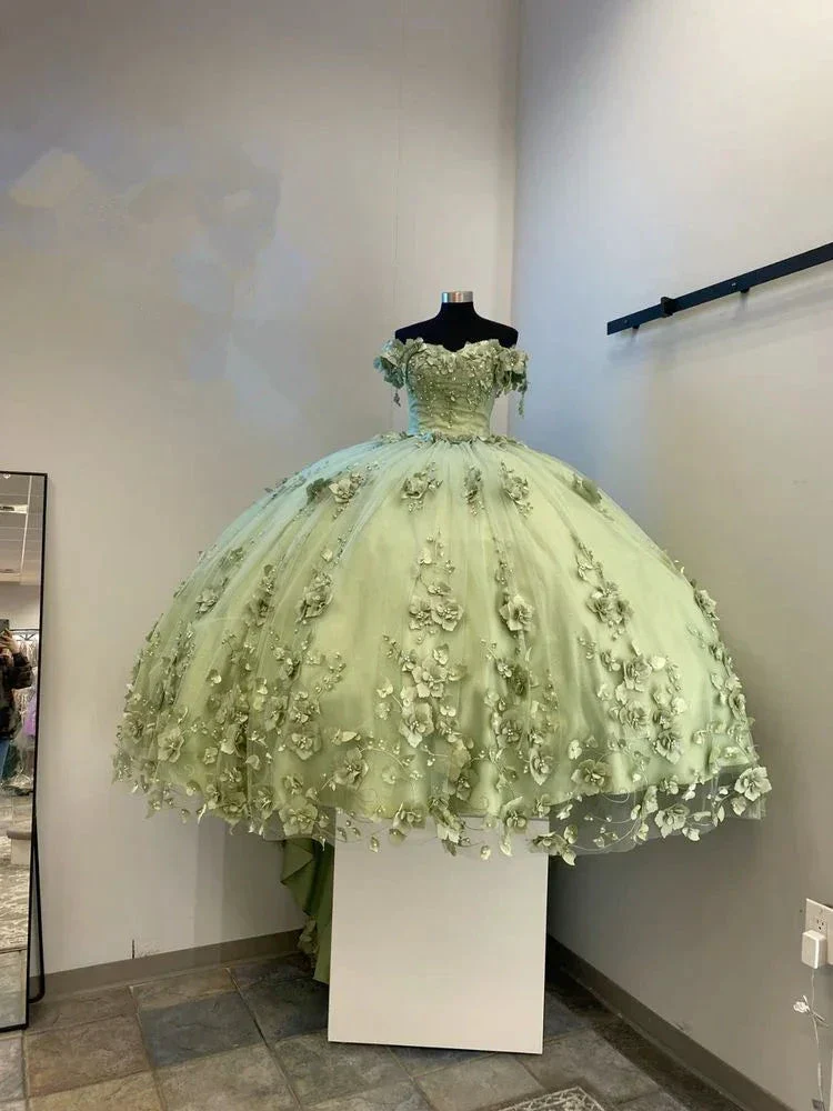 Green Quinceanera Dresses 3D Flowers Applique Ball Gown Sweet 16 Dress  Y2984 - Image 2