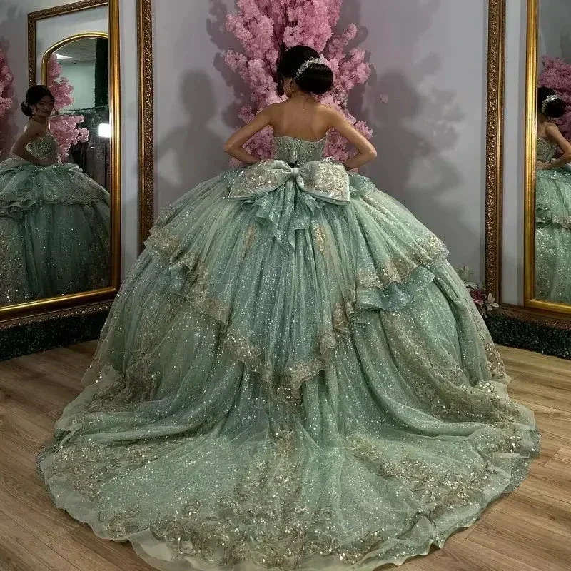Green Quinceanera Dresses Crystals Beading Gold Applique Lace Bow Ball Gown Sweet 16 Birthday Prom Dress Y8115 - Image 2