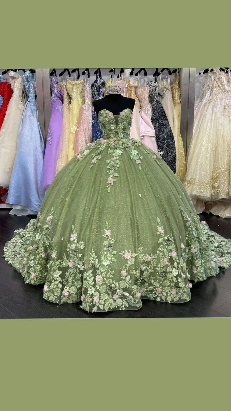 Green Quinceanera Dresses Princess Ball Gown Appliques 3D Flowers Party Sweet 15 Y121 - Image 2
