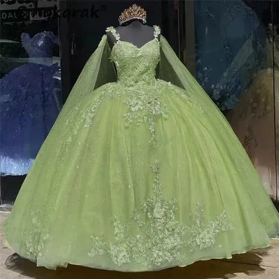 Green Quinceanera Dresses With Cape 3D Flowers Sweet 15 Birthday Ball Gown Y6065 - Image 2